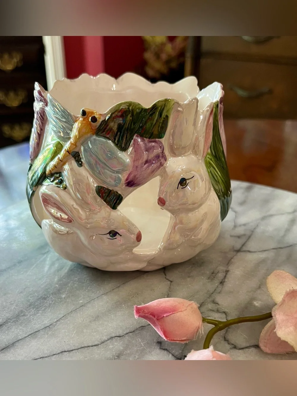 Vintage Easter Ceramic Bunny Candle Holder Set of 4, Flower Factory 4.5